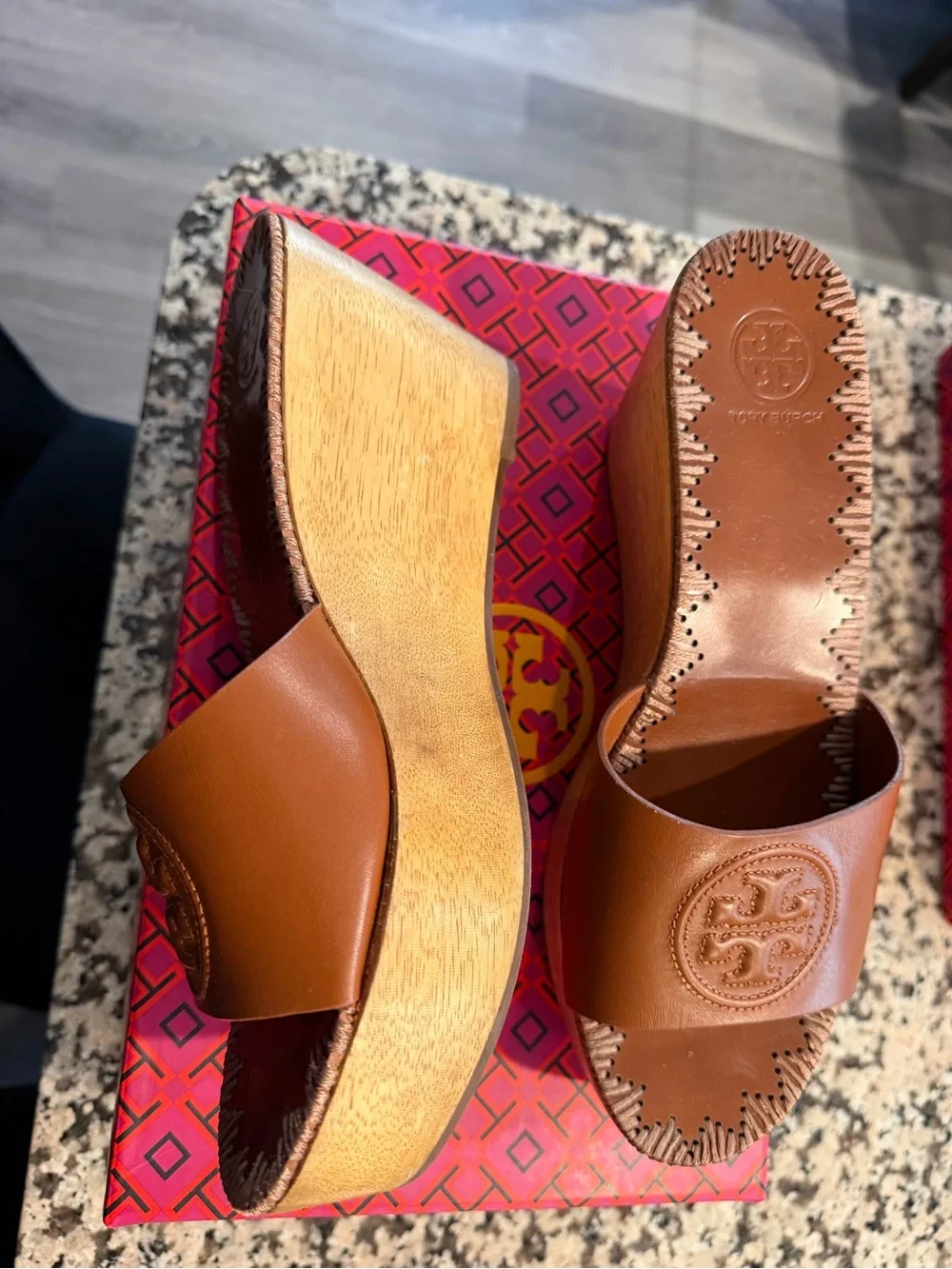 Tory Burch Tan Leather Logo Slide Mules